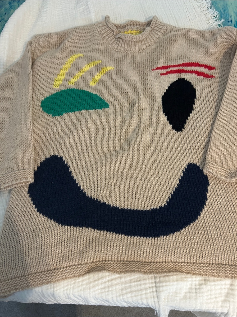 Beige Smiley Face Knit Amazon Sweater with Colorful Accents